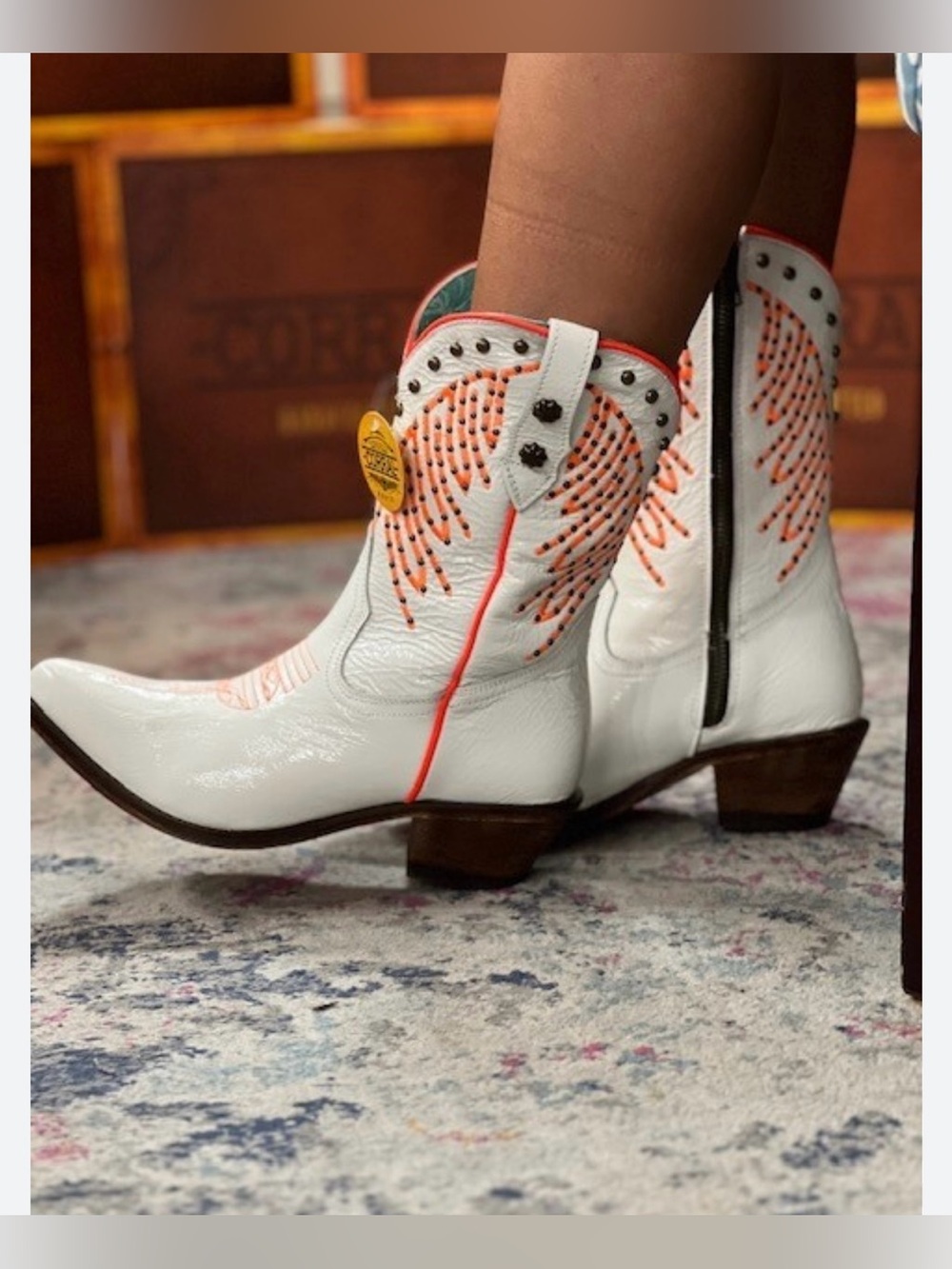 Corral White and Orange Studded Western Ankle Boots